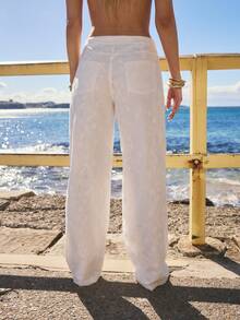 Aralina Women's Low Rise Floral Embroidered Relaxed Wide Leg Pants,Off-White Lightweight Drawstring Waist Summer Boho Beach Outfits Vacation Holiday Clothes - White - View 2