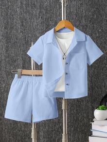 SHEIN Explorewe 2 Stücke Jungen Sommer Casual einfarbiges Poloshirt und Shorts Set, geeignet für Lässig und Urlaubsmode - Babyblau - Übersicht 1