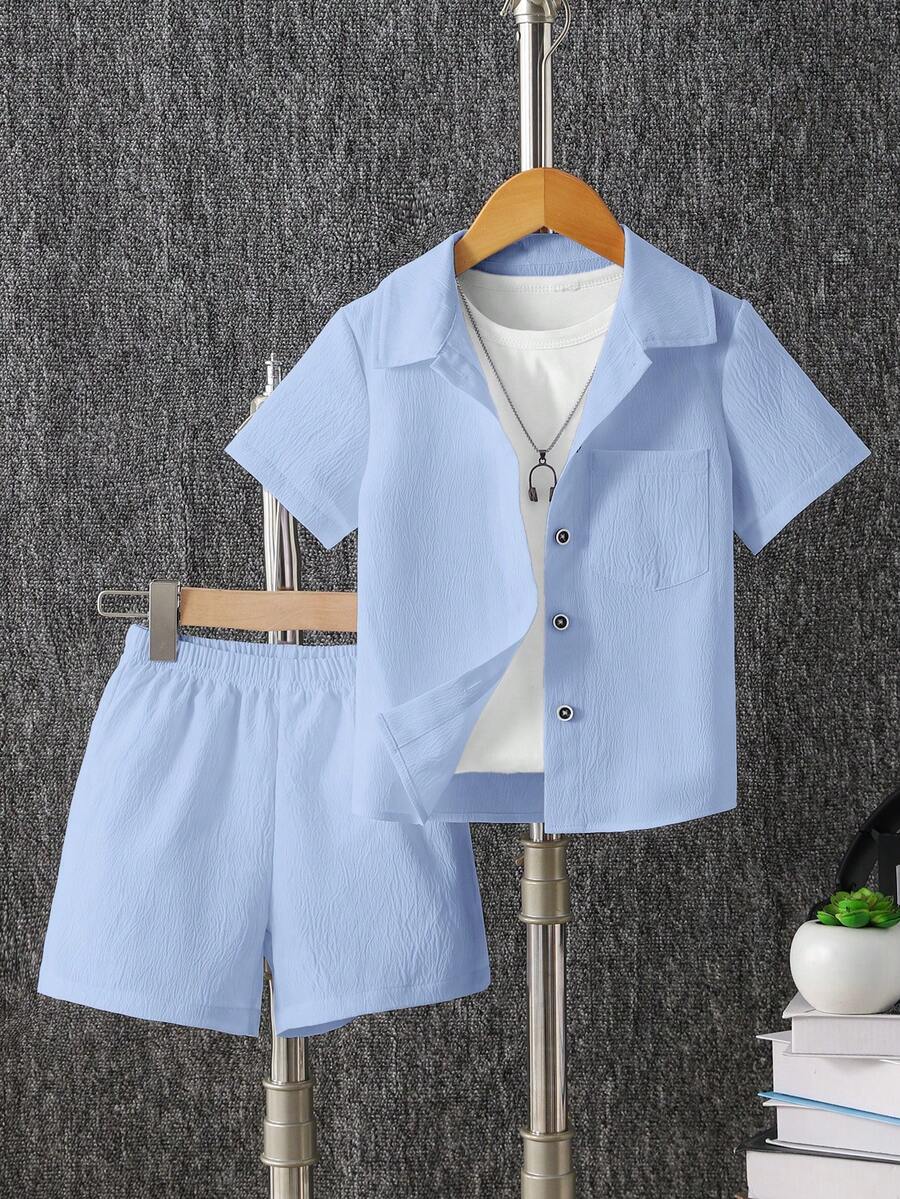 SHEIN Explorewe 2 Stücke Jungen Sommer Casual einfarbiges Poloshirt und Shorts Set, geeignet für Lässig und Urlaubsmode - Babyblau - Übersicht 1