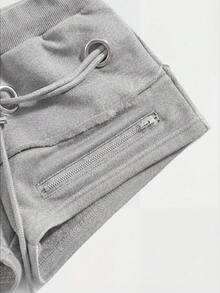 ROMWE Grunge Punk Y2K Retro Distressed Metallic Grommet Lace-Up Super Low Rise Mini Shorts - Light Grey - View 3