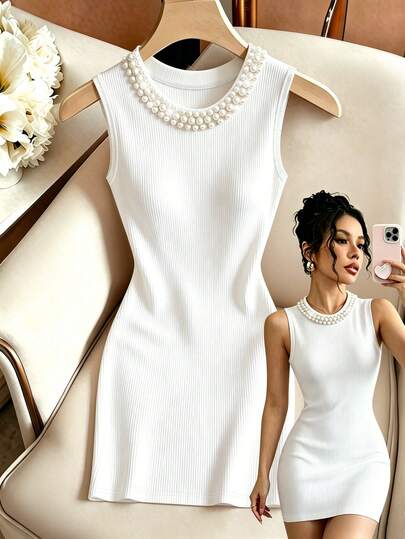 Franclia Fitted Sexy Casual Commuter Round Neck Pearl Studded Sleeveless Women Mini Dress