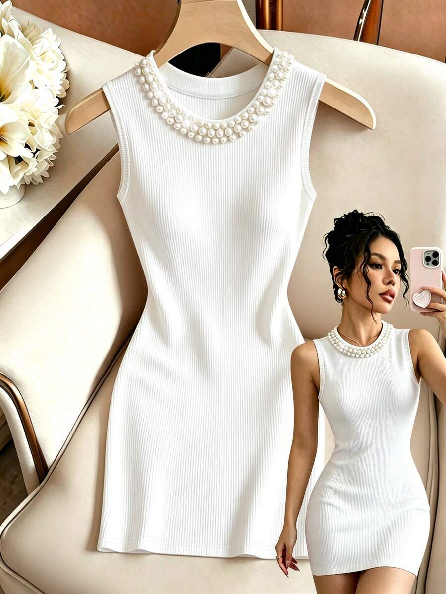Franclia Đầm ngắn nữ ôm dáng, gợi cảm, kiểu dáng thường ngày, cổ tròn, không tay, đính ngọc trai, thích hợp đi làm. - trắng - Xem 1