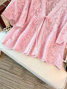 GlowEve CURVE Áo khoác cardigan nữ cỡ lớn cổ chữ V, thắt nơ phía trước, chất liệu xuyên thấu, cổ choàng, tay lửng, thêu, khoét lỗ. - Hồng - Xem 5