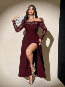 Viva Relle Sexy Fitted Off Shoulder Mesh Long Sleeve Plus Size Dress - Red - View 5