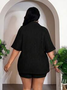 Nuevo conjunto de 2 piezas para primavera/verano: Blusa suelta con cuello y puños enrollados, y shorts ajustados tipo ajustado, de tela de punto elástica, para uso casual, diario, p - Negro - Ver 2