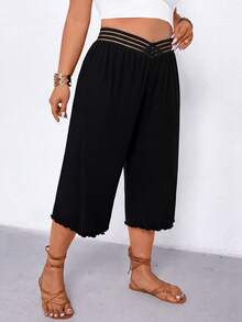 EMERY ROSE Plus Size Women's Solid Color Elastic Hollow Waist Design Casual Loose Fit Capri Pants, Versatile For Commuting And Daily Wear, Spring/Summer - Black - View 5