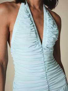 KSTM Ruched Halter Neck Maxi Dress With Deep V-Neckline Open Back And Flowy Pleated Skirt Summer Evening - Blue - View 6