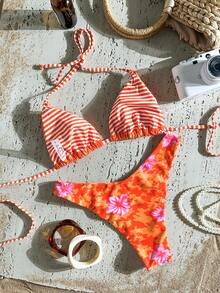 Swim Mod Bộ bikini hai mảnh buộc cổ in họa tiết ngẫu nhiên dành cho nữ, thích hợp cho mùa xuân/hè. - Nhiều màu - Xem 3