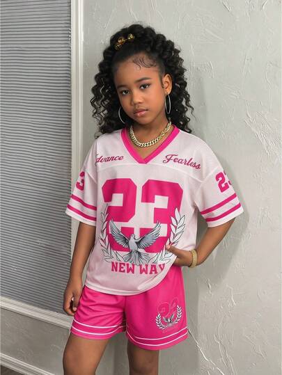 Tween Girls' Casual Street V-Neck Loose Short Sleeve T-Shirt And Shorts Set, Mesh Fabric, Suitable For Summer, Sports, Large Number 23 Print, Fuchsia And Pink Floral Print, Soft And Comfortable Sportswear Set