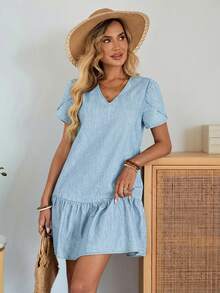 EMERY ROSE Mature Denim Đầm denim tay cánh hoa cổ chữ V phong cách đường phố dành cho nữ - Rửa nhẹ - Xem 4