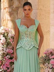 Glamrae Luxurious Lace Sequin Chiffon Formal Ball Gown,Elegant Dignified Pleated Super-Sized Skirt Dress For Wedding,Bachelorette Party,Vacation&Formal Dinner - Grass Green - View 7