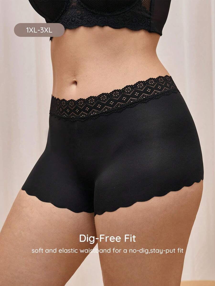 Bralution 1pc Plus Size Women Seamless Lace Trim Brief Underwear - Black - View 1