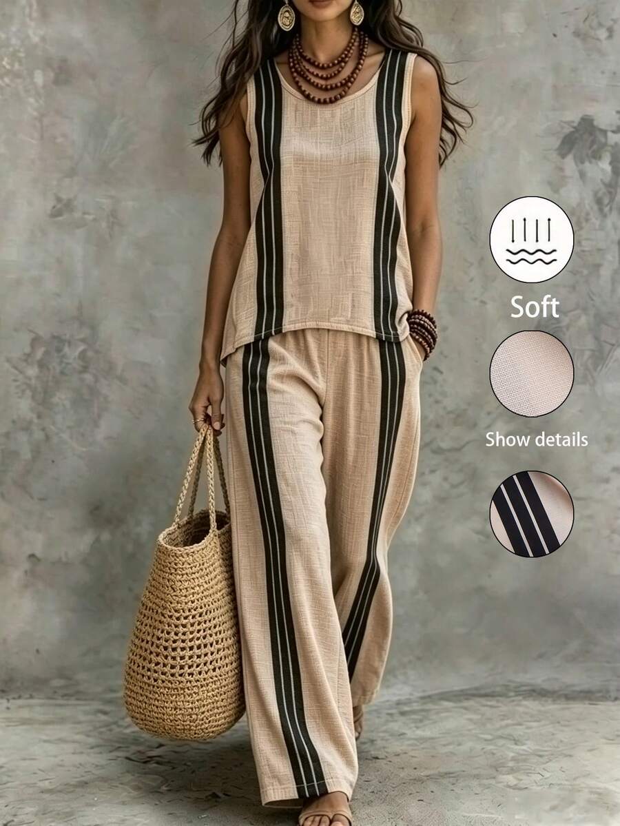 Breezaya Bộ đồ nữ thường ngày kẻ sọc 2 mảnh, áo không tay + quần, trang phục mùa hè đa năng, bộ đồ in họa tiết vải có kết cấu, bộ đồ thường ngày, trang phục mùa hè, bộ kẻ sọc, đi làm, hàng ngày, mùa xuân, mùa thu, họp hành, công sở, văn phòng hàng ngày, hẹn hò, đồng phục giáo viên thành thị, trang phục Giáng sinh và Năm mới, tụ họp thường ngày, trang phục du lịch, năng động, thanh lịch, tối giản, trang phục phù hợp mọi mùa, trang phục đi biển, trang phục mùa hè, bộ đồ đi nghỉ mát, bộ đồ bên bờ biển, trang phục mùa hè dành cho nữ. - Nhiều màu - Xem 1