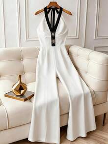 SHEIN Franclia Bộ áo liền quần nữ thanh lịch, màu đen trắng, phối nơ kim loại, thích hợp cho công sở. - trắng - Xem 3