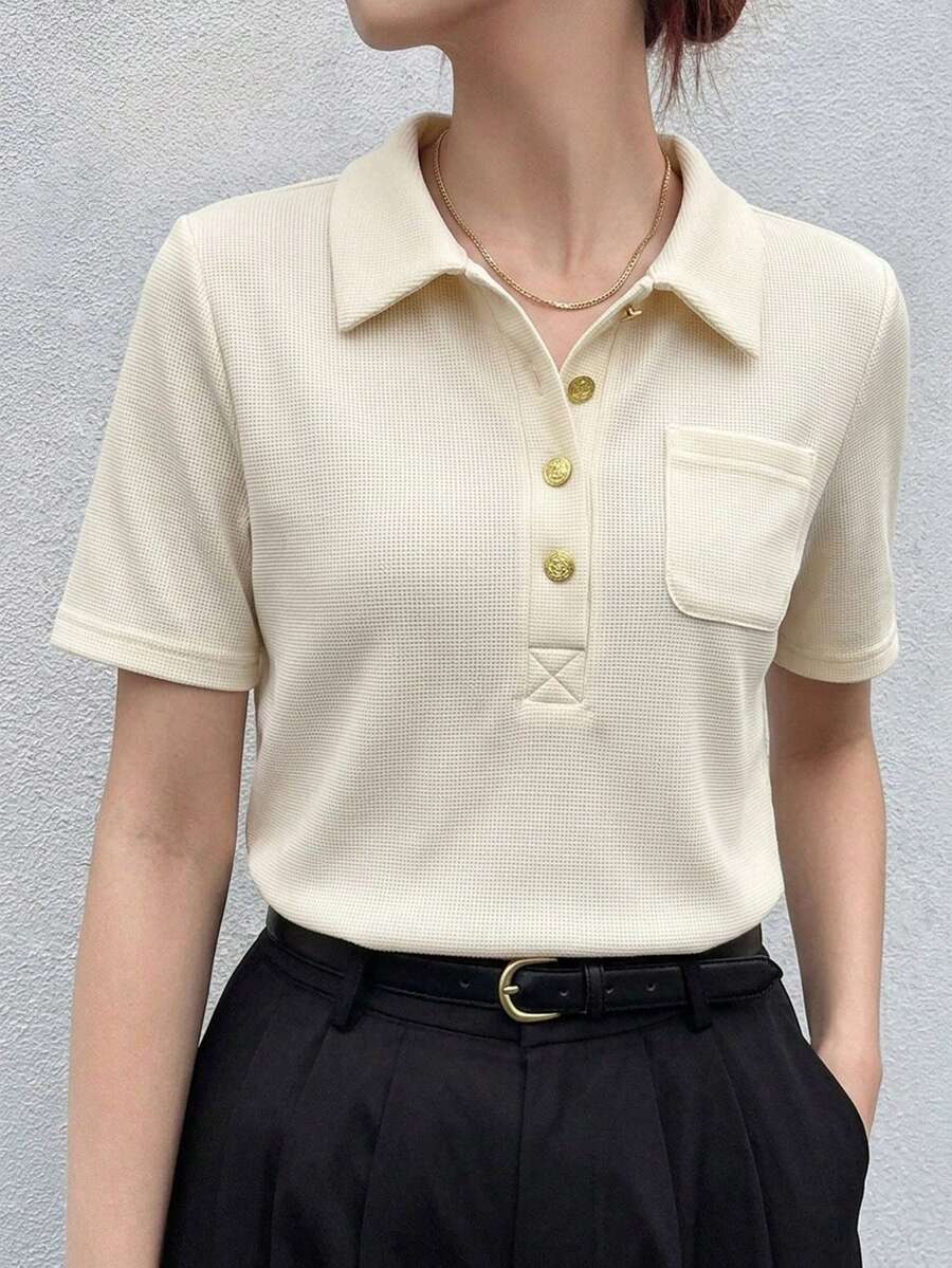FRIFUL 女士修身 Polo 领金属纽扣装饰短袖 T 恤,夏季 - 杏色 - 查看 1