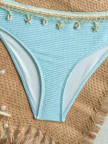 SHEIN Teen Girls Textured Seashell & Starfish Decor Halter Bikini Set,Soft & Stretchy Swimwear For Summer,Beach,Vacation,Holiday,Photography,Pool - Blue - View 5