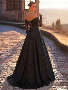 Glamrae Elegantes, luxuriöses Satin Puffkleid mit Spitzenbesatz, schulterfreiem, transparentem Kurzarm, geeignet für Hochzeiten, Partys, Dates, Galas (reich verziert) - Schwarz - Übersicht 4