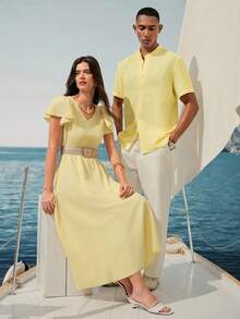 Rafferiza Women's V-Neck Ruffle Sleeve Cinched Waist Pleated Flare Dress, Casual Vacation Style, Light Yellow, Spring/Summer - Light Yellow - View 5