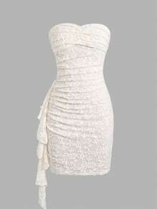 SHEIN Teen Girl Solid Color Knit Lace Ruffle Tie Ruched Elegant Fashion Party Strapless Dress KIDS - Apricot - View 2
