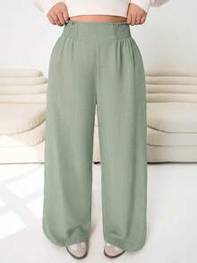 SHEIN CURVE+ Plus Size Women Solid Color Waist Drawstring Wide Leg Pants - Mint Green - View 4