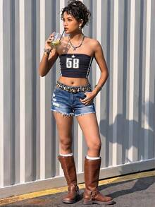 SHEIN Girlism Quần short denim rách gấu, phong cách đường phố thường ngày, thời trang dành cho nữ tuổi teen, thích hợp mặc hàng ngày vào mùa hè. - Rửa nhẹ - Xem 3