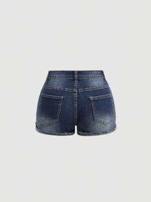 SHEIN Girlism Teen Girls Y2k Casual Vintage Cool Street Confortable -Cut Elements Denim Shorts For Dai - Dark Wash - View 4