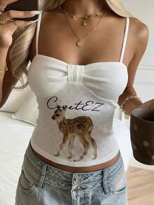 CovetEZ 女士休闲简约棉质针织提花蝴蝶结吊带背心，适合日常通勤、约会、聚会、秋冬夏三季、圣诞节、新年、感恩节、派对、婚礼、海滩、毕业典礼等场合，时尚优雅，休闲百搭，适合外出、约会、预订、通勤、情人节、度假、Y2K 等场合。 - 白色 - 查看 4