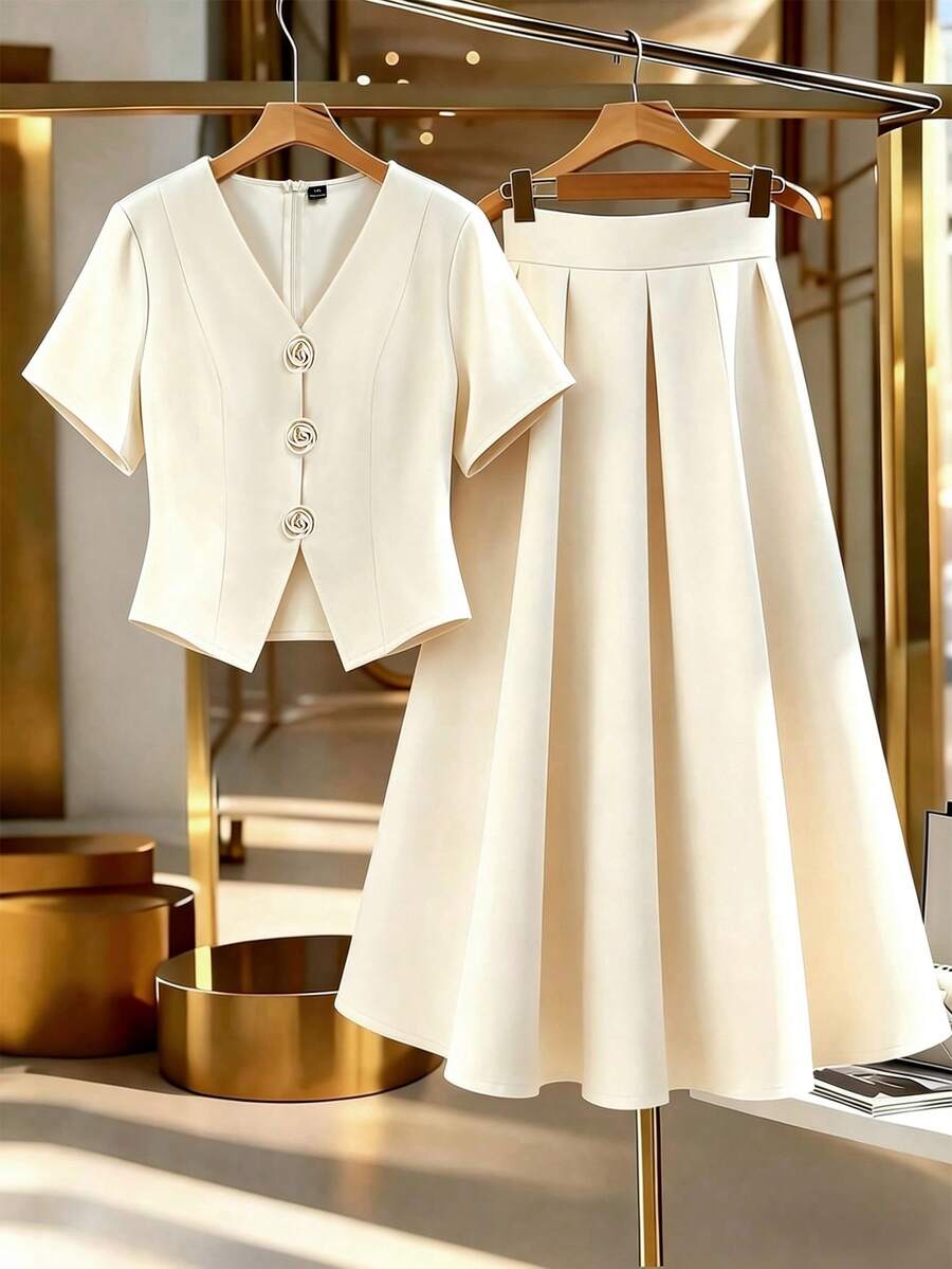 GlowEve CURVE Plus Size Elegant Office Wear 2 Pieces Set: Blouse And Skirt, Summer - Apricot - View 1