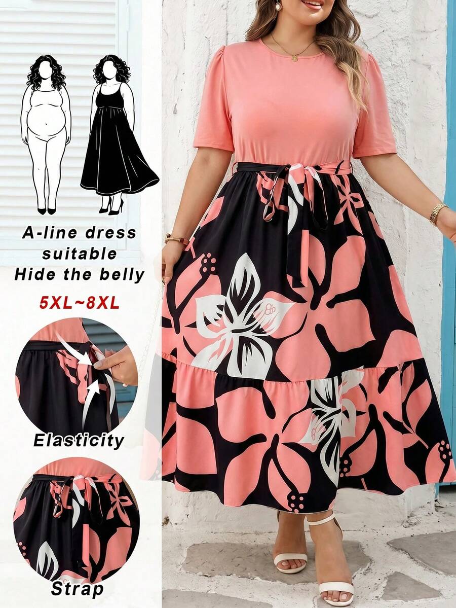 SHEIN CURVE+ Curve Size US22 音樂節海邊度假波希米亞風夏季休閒拼接短袖長洋裝 淡粉色 - 彩色 - 查看 1
