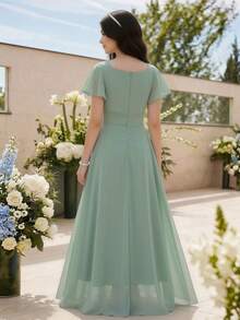 SHEIN Teen Girls Green Formal Dress, Square Neck Pleated Design With Ruffle Sleeves, Elegant Long Gown With Premium Texture, Suitable For Vacation, Graduation, Back To School, Wedding Season, Ball Parties And Formal Occasions - Green - View 3