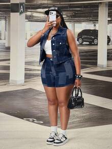 Slaydiva Pantalones cortos de mujer talla grande de mezclilla con estampado jacquard, sexy y elegante para verano, festival y vacaciones - Azul lavado oscuro - Ver 4