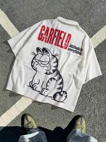 GARFIELD | SHEIN 男士休闲卡通字母印花衬衫，夏季 - 杏色 - 查看 1