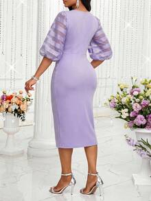 SHEIN Lady Đầm midi tay cánh hoa bằng vải lưới thanh lịch dành cho nữ, thích hợp cho mùa hè. - Màu tím - Xem 2