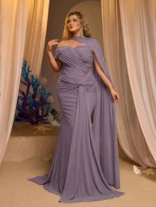 Glamrae Gaun Pesta Malam Formal Musim Dingin Ukuran Besar Warna Ungu, Gaun Pengantin Berpayet Ekor Ikan Asimetris Tanpa Tali dengan Detail Jala dan Lipatan Samping, Model Berkerut, dan Berpilin yang Elegan - Dusty Purple - View 7