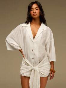 Athîral Women's Holiday Casual Shirt Set, Summer White Outfit, Beach Holiday Outfit, Semi Transparent Shirt Set, Date Party Outfit, Daily Outfit, - White - View 5