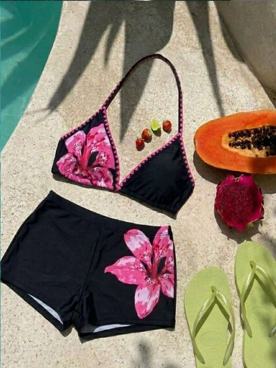SHEIN Bộ bikini hai mảnh màu đen phối ren tương phản dành cho thiếu nữ, gồm áo và quần short, thích hợp cho kỳ nghỉ biển. - Nhiều màu - Xem 1