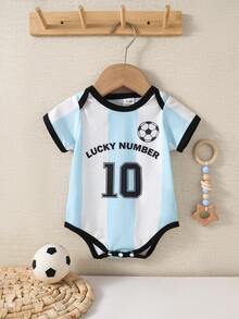 SHEIN Newborn Baby Boys Summer Short Sleeve Bodysuit, Sporty Soccer Theme Blue & White Striped Romper, No.10 Football Jersey Style Bodysuit, Unisex - Blue - View 3