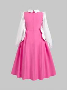 Tween Girl Back To School Dress KIDS Tween Girls Pink Dress, Essential For School Season, Casual Preppy Style, Long Sleeve, Color Block, Exaggerated Ruffle Hem, Soft And Vintage Feel; Double-Breasted Button Decor On Chest, Neat And Exquisite Pink - Pink - View 2