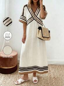SHEIN Holidaya Women's V-Neck Half Sleeve Umbrella Dress, White, Summer, Boho Sexy, Holiday, Tea Party Golf, Digital Striped Print Beach Aegean Sea - Multicolor - View 8