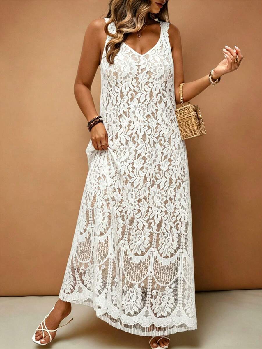 SHEIN Elenzya Đầm maxi dáng chữ A phối ren, dây mảnh, kiểu Pháp, thanh lịch, thoải mái, thích hợp cho mùa xuân/hè, đi làm hoặc đi nghỉ mát, dành cho người có vóc dáng đầy đặn. - trắng - Xem 1