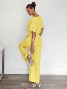 Siren Gaze 2pcs Women Solid Color Pleated Shirt And Pants Casual Suit, Summer Outfits Vacation Yellow - Yellow - View 2