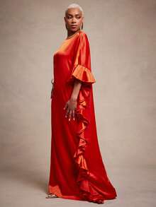 Vixey Đầm Kaftan maxi dáng suông, cổ thuyền, chi tiết bèo nhún, chất liệu satin trơn. - trái cam - Xem 5
