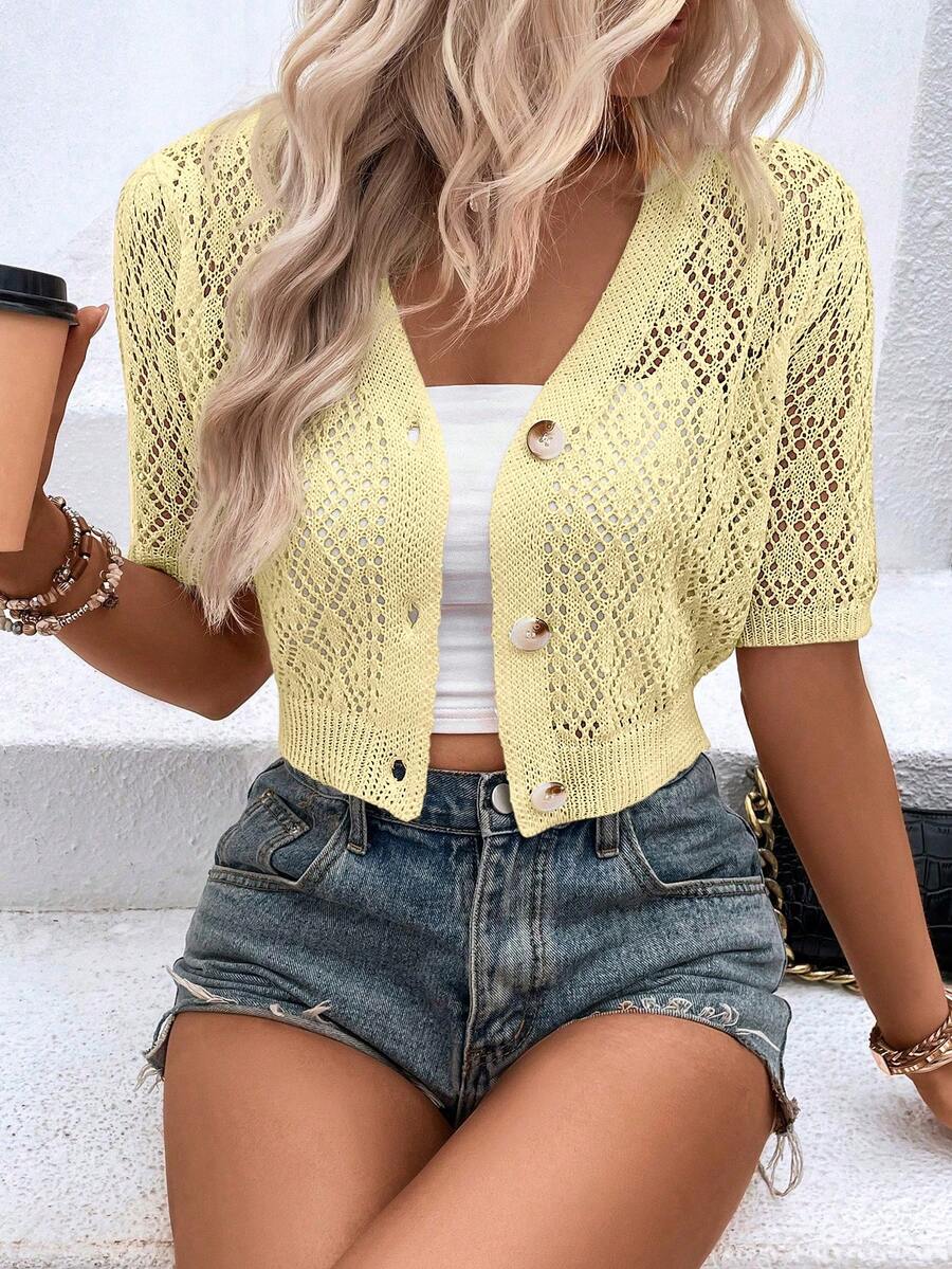 EMERY ROSE Cardigan Rajut Kasual Lengan Pendek Bahu Reguler Warna Polos dengan Kancing Depan Model Crop - Kuning muda - View 1