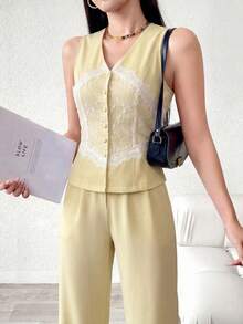 Modelyn 女款優雅蕾絲拼接上衣與寬腿褲兩件套，適合早午餐與辦公室，粉色與白色，夏季款 - 黃色 - 查看 5