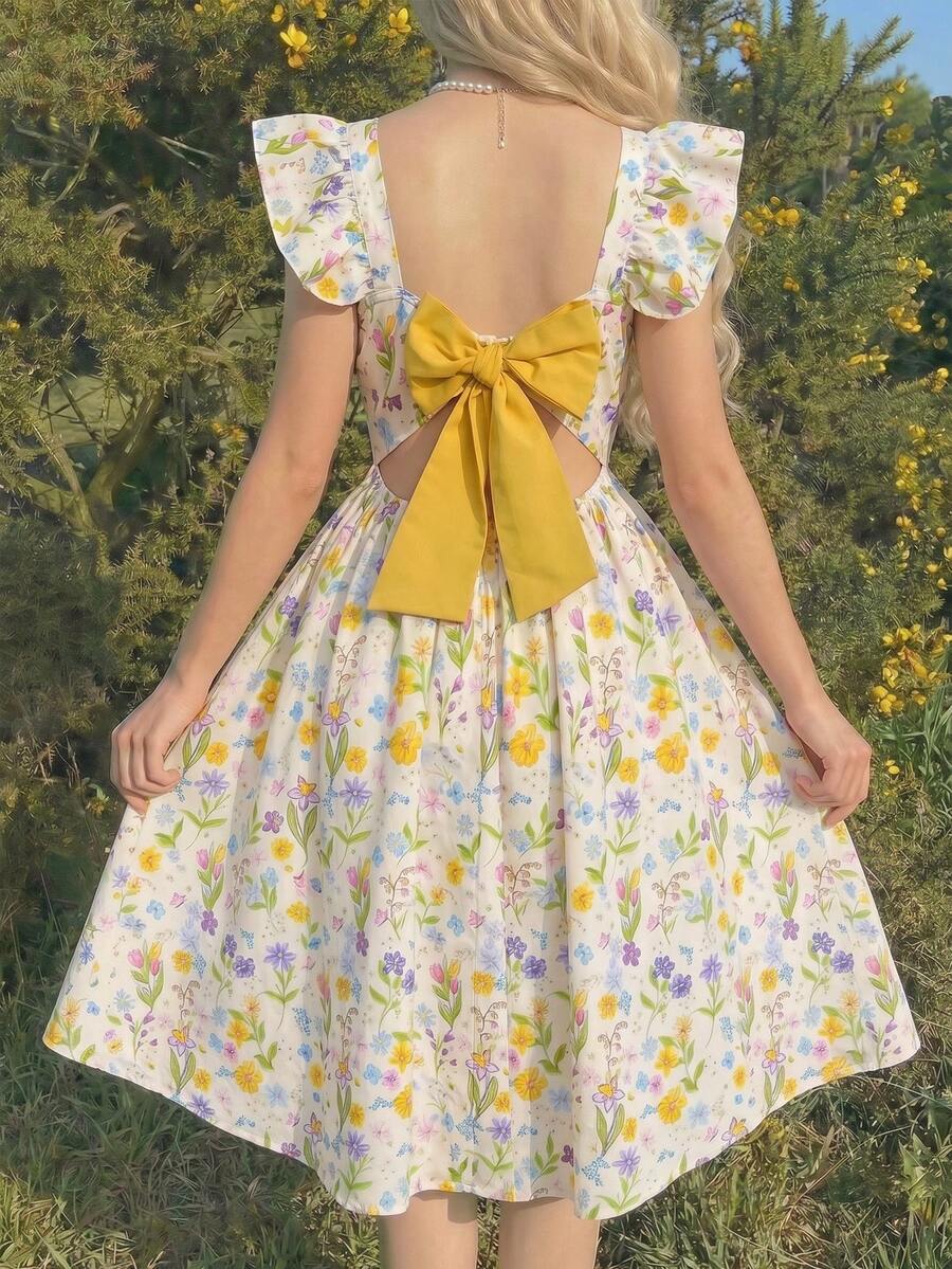 SHEIN Tween Girl Floral Print Vacation Bow Back Cap Sleeve Waist Cinched Dress - Yellow - View 1