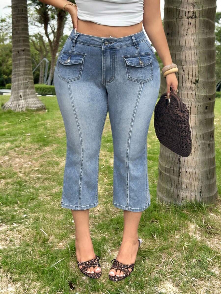 Jeanoix Plus Size Women Casual 90s Versatile Daily Wear Denim Jeans Holiday Vacation Light Blue Autumn - Light Wash - View 1
