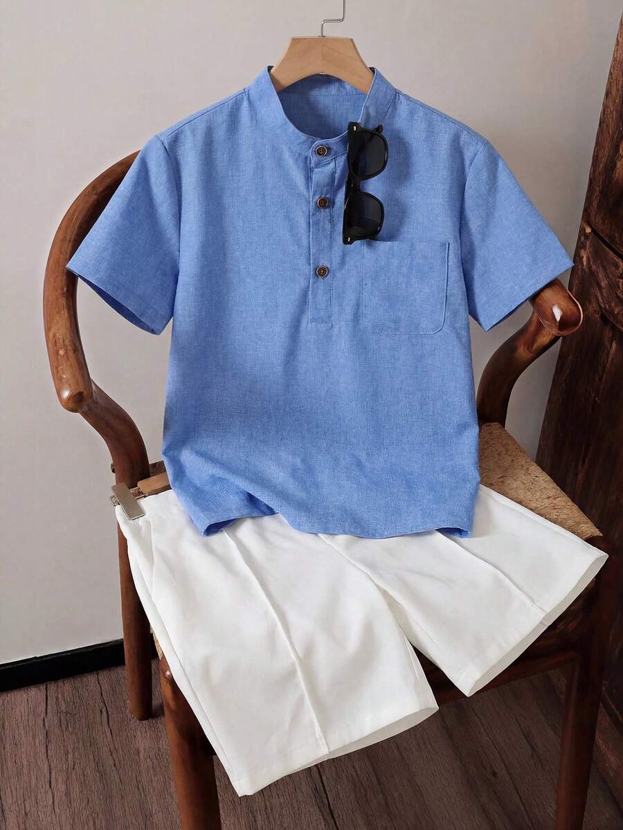 Vacaura 2pcs/Set Boys' Casual Half-Placket Mandarin Collar Shirt Set With White Shorts, Simple & Fashionable, Comfortable For Daily, Commute, Vacation Wear - Blue - View 1