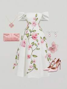 SHEIN MOD Đầm hoa trễ vai thanh lịch dành cho nữ cỡ lớn, thích hợp cho Ngày Valentine, Đám cưới, Đầm thanh lịch, Đầm trắng, Đầm dự tiệc cưới cho nữ, Trang phục xuân/hè, Trang phục dự tiệc trà cho nữ, Ngày lễ, Sinh nhật - Nhiều màu - Xem 7