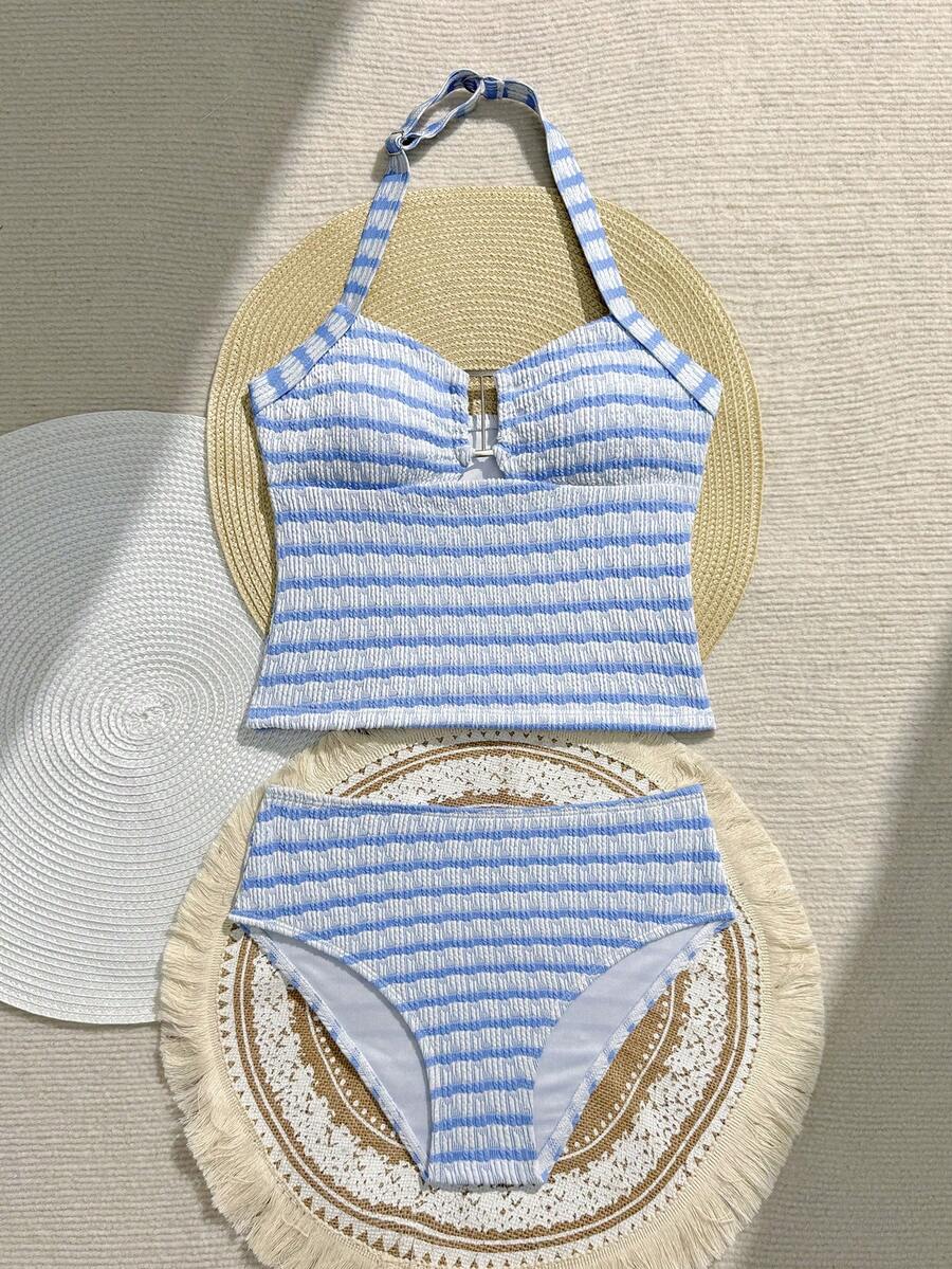 SHEIN 2件組 青少女女孩粉色波浪條紋金屬裝飾柔軟舒適針織面料女孩 (大碼) 泳衣套裝,適用於海灘、泳池、海邊、衝浪、度假、夏季、旅行 - 藍色 - 查看 1