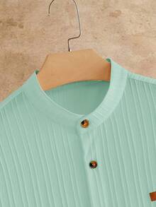 HIMLAND Light Blue Short Sleeve Shirt - Textured Weave, Button Front, Chest Pocket. Men's Casual Summer Vacation Style. Relaxed Fit, Beach Resort Essentia - Mint Green - View 6